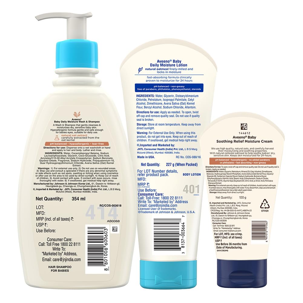 Aveeno Baby Daily Moisturizing Wash & Shampoo (354ml) + Daily Moisture Lotion (227g) + Soothing Relief Moisture Cream 100g