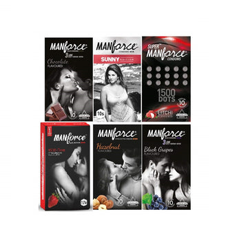 Manforce Mix Flavoured Condom Set of 6 (Sunny Edition, Black Grapes, Strawberry, Chacolate, Hazelnut, 1500Dots Litchi (1 Pack 10 Condoms)