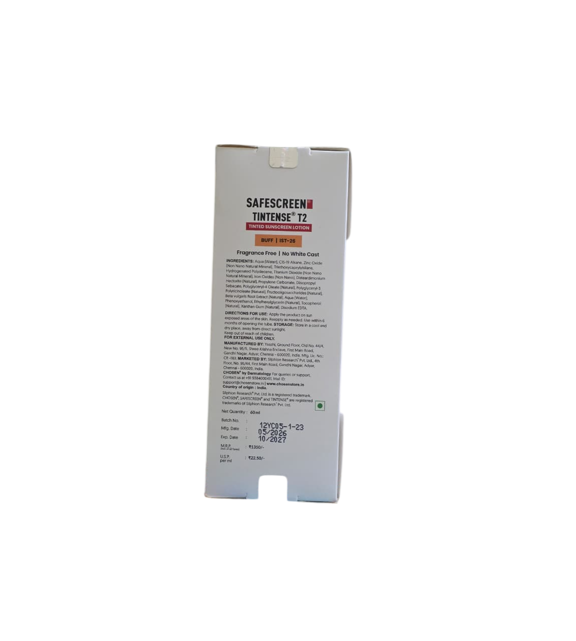 Chosen Safescreen Tintense T2 Tinted Sunscreen Lotion SPF 30+ PA++++ 60ml
