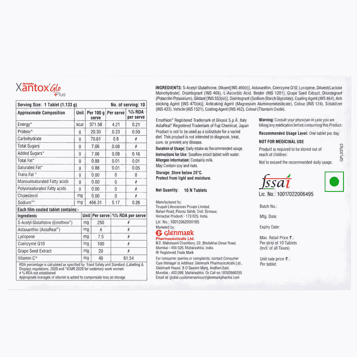 Xantox Glo Plus Tablet 1 Strip of 10 tab