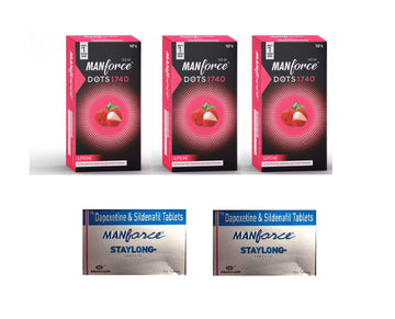 Manforce Litchi Flavoured 1740 Dotted Condoms for Men Extra Dots for Her Extra Stimulation Condom (Pack of 3) And Manforce Stay Long Tablet (Pack of 2) Combo
