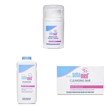 Sebamed Baby Protective Facial Cream (50ml) & Baby Powder, 200g & Baby Cleansing Bar - 100 g combo