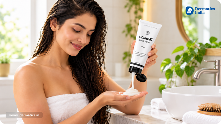 Woman with wet hair dispensing Cosmoq Conditioner into her palm beside a bathroom sink.