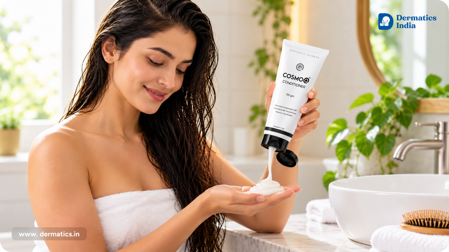 Woman with wet hair dispensing Cosmoq Conditioner into her palm beside a bathroom sink.