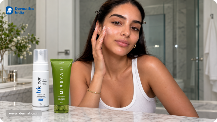 Woman smoothing a gentle face wash on her cheek beside Triclear and Mireya cleansers for sensitive skin