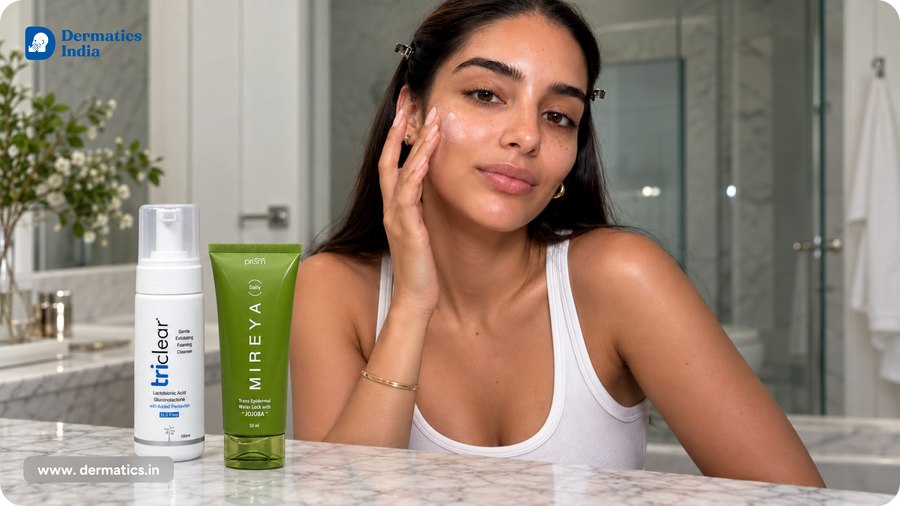 Woman smoothing a gentle face wash on her cheek beside Triclear and Mireya cleansers for sensitive skin