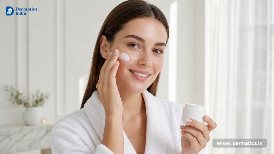 Smiling woman in a white robe applying retinol cream to her cheek while holding a jar.