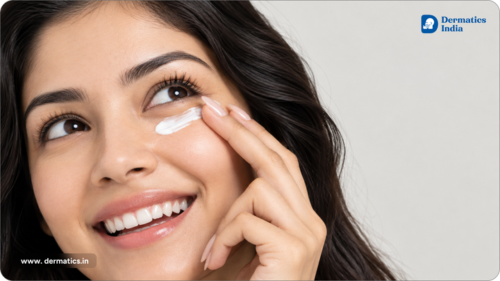 Smiling woman applying eye cream for dark circles under her eye