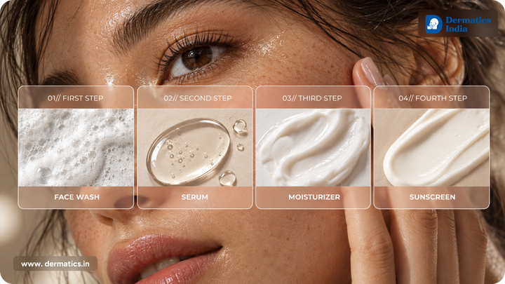 Four-Step Skincare Routine: Close-up of a woman applying skincare, with four labeled steps: Face Wash, Serum, Moisturizer, and Sunscreen.