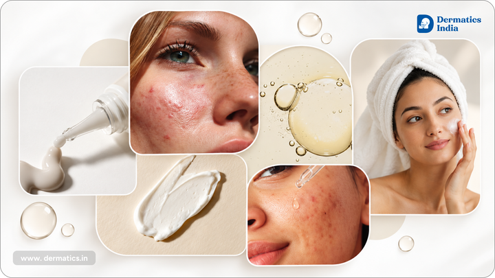 Collage of acne-prone skin close-ups, serum and cream textures, and a woman applying skincare to her cheek