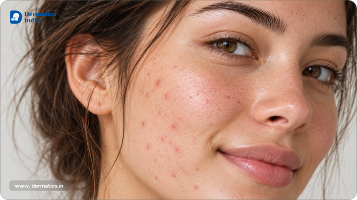Close-up of a woman's cheek with small pimples and post acne dark spots
