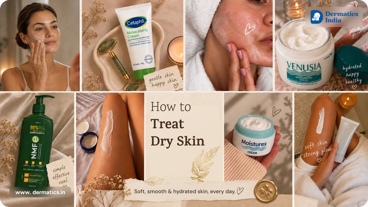 How to treat dry skin collage showing face cream application and Dermatics moisturizers