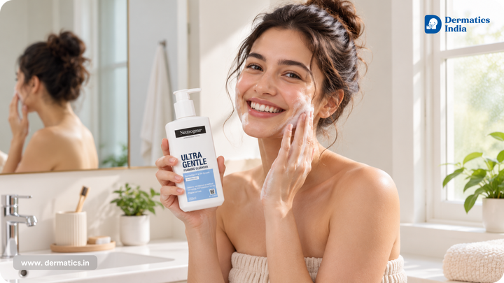 Woman smiling while washing her face with Neutrogena Ultra Gentle Foaming Cleanser, a face wash for dry skin