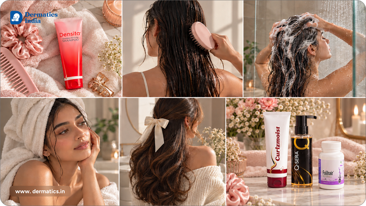 Winter hair care routine collage: shampooing, brushing wet hair, towel wrap, satin bow styling and Dermatics hair products
