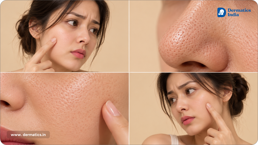 Woman touching her cheek with concern beside close-ups of open pores on the nose and cheek