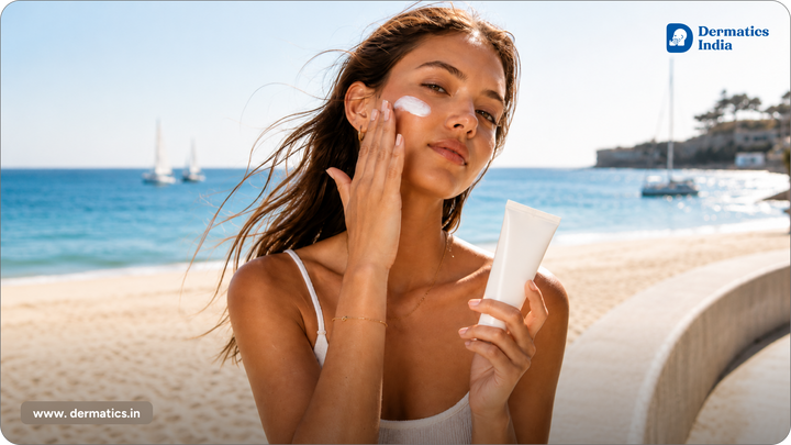 Woman applying moisturizer to face outdoors at the beach