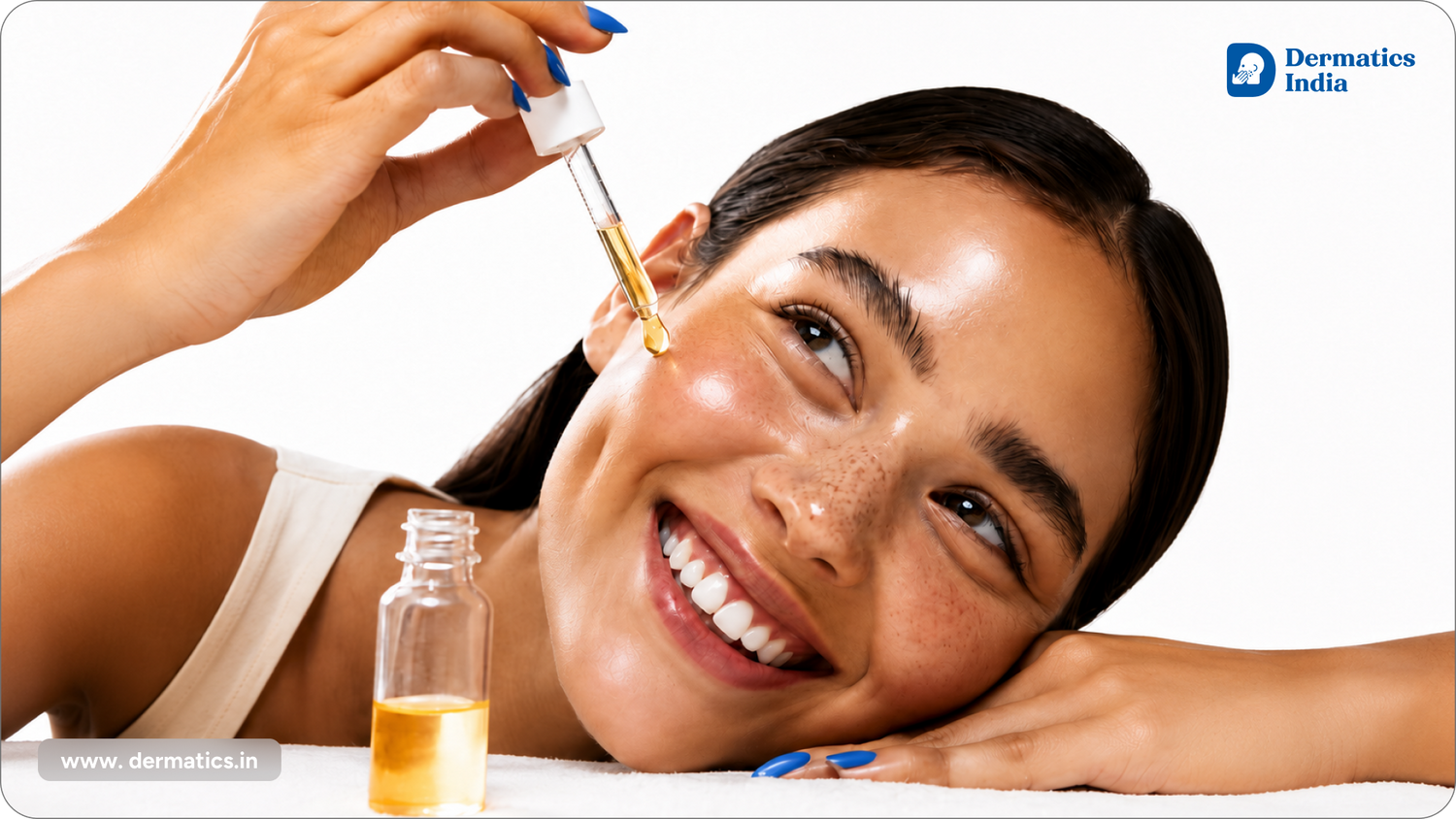 	Woman applying retinol serum near her eye with a dropper