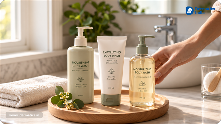 Body wash for sensitive skin: nourishing, exfoliating and moisturizing bottles on a bathroom tray