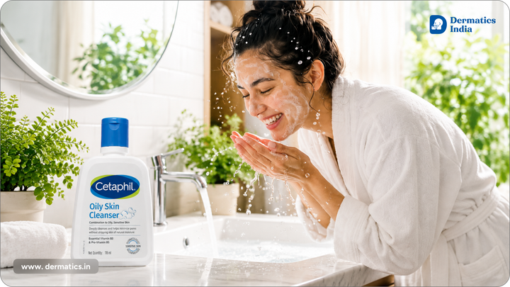 Woman washing her face with Cetaphil cleanser for oily skin