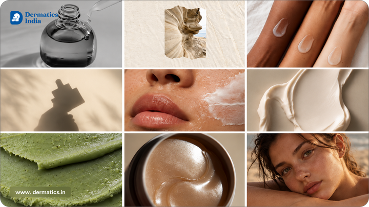 Ingredients to avoid for acne-prone skin: collage of serum, gel and cream textures by Dermatics India