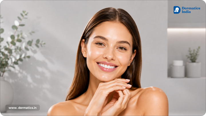 Smiling woman with soft, hydrated lips after using lip balm
