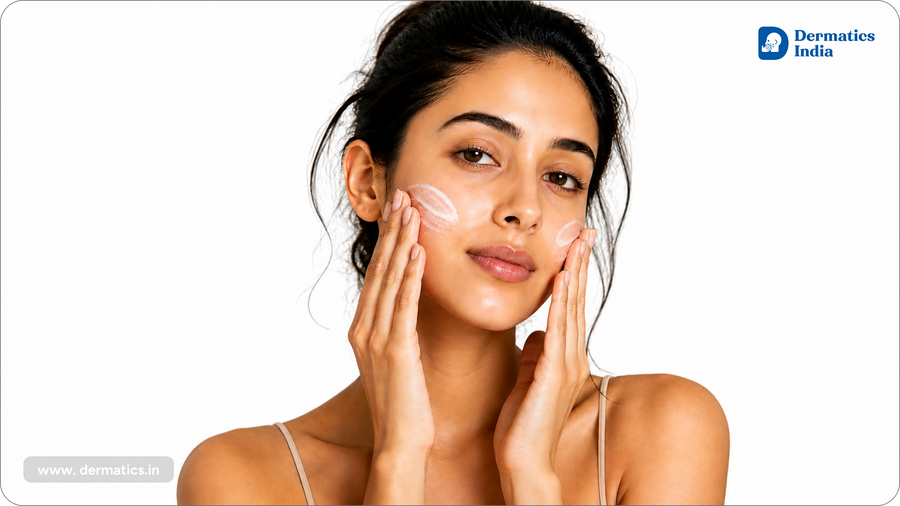 Woman applying moisturizer to her face for daily skin hydration