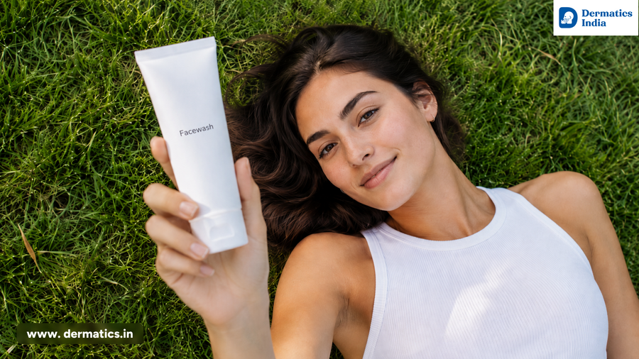 Woman lying on grass holding a Dermatics India face wash tube for oily skin