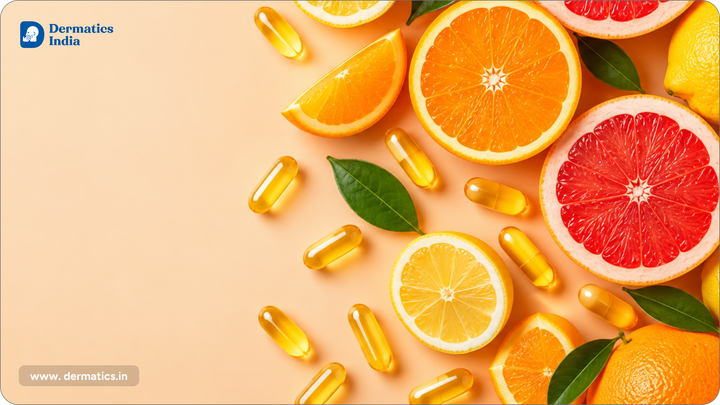 Vitamin C tablet guide banner with orange, lemon and grapefruit slices and yellow supplement capsules