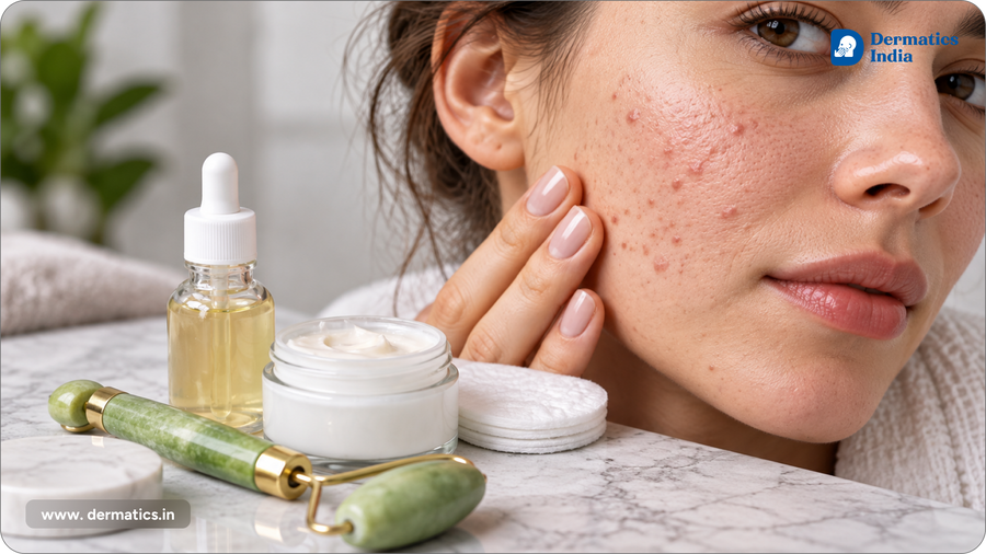 Woman with acne on her cheek beside a face serum, moisturizer and jade roller