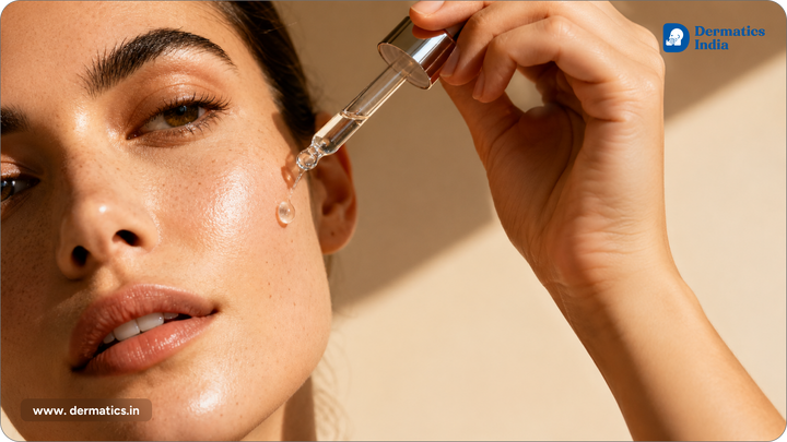 Woman applying niacinamide serum with dropper for oily skin