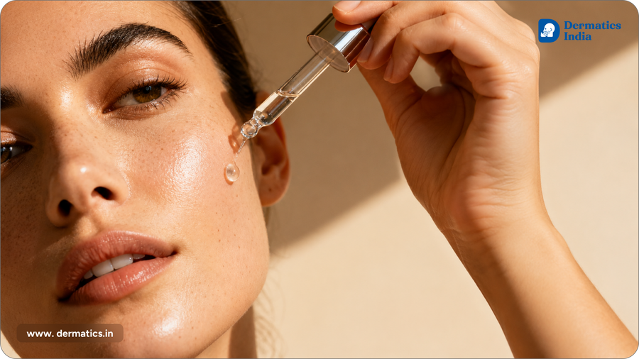 Woman applying niacinamide serum with dropper for oily skin