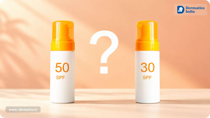 SPF 30 vs SPF 50 sunscreen bottles side by side with a question mark
