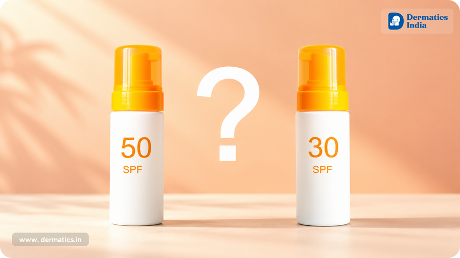 SPF 30 vs SPF 50 sunscreen bottles side by side with a question mark