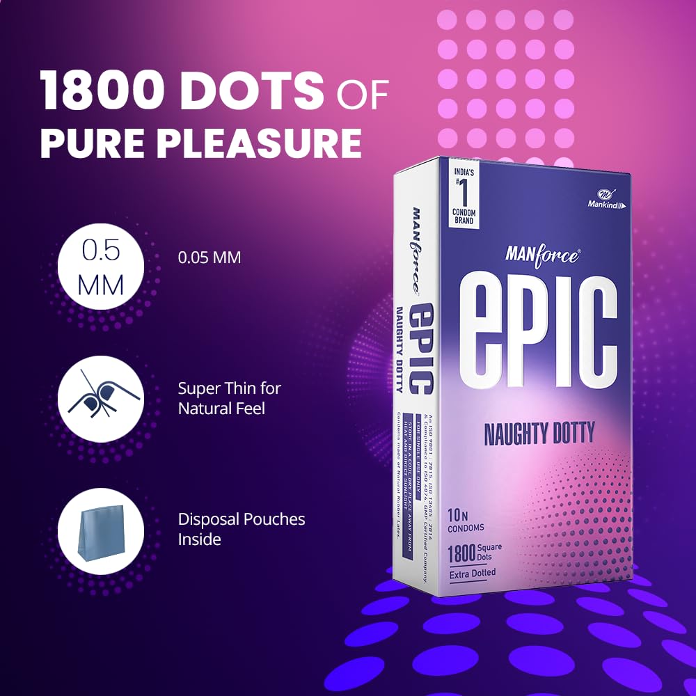 Manforce Epic Naughty Dotty Premium Condoms | 10 Sheets | Extra Dotted with 1800 Square Dots