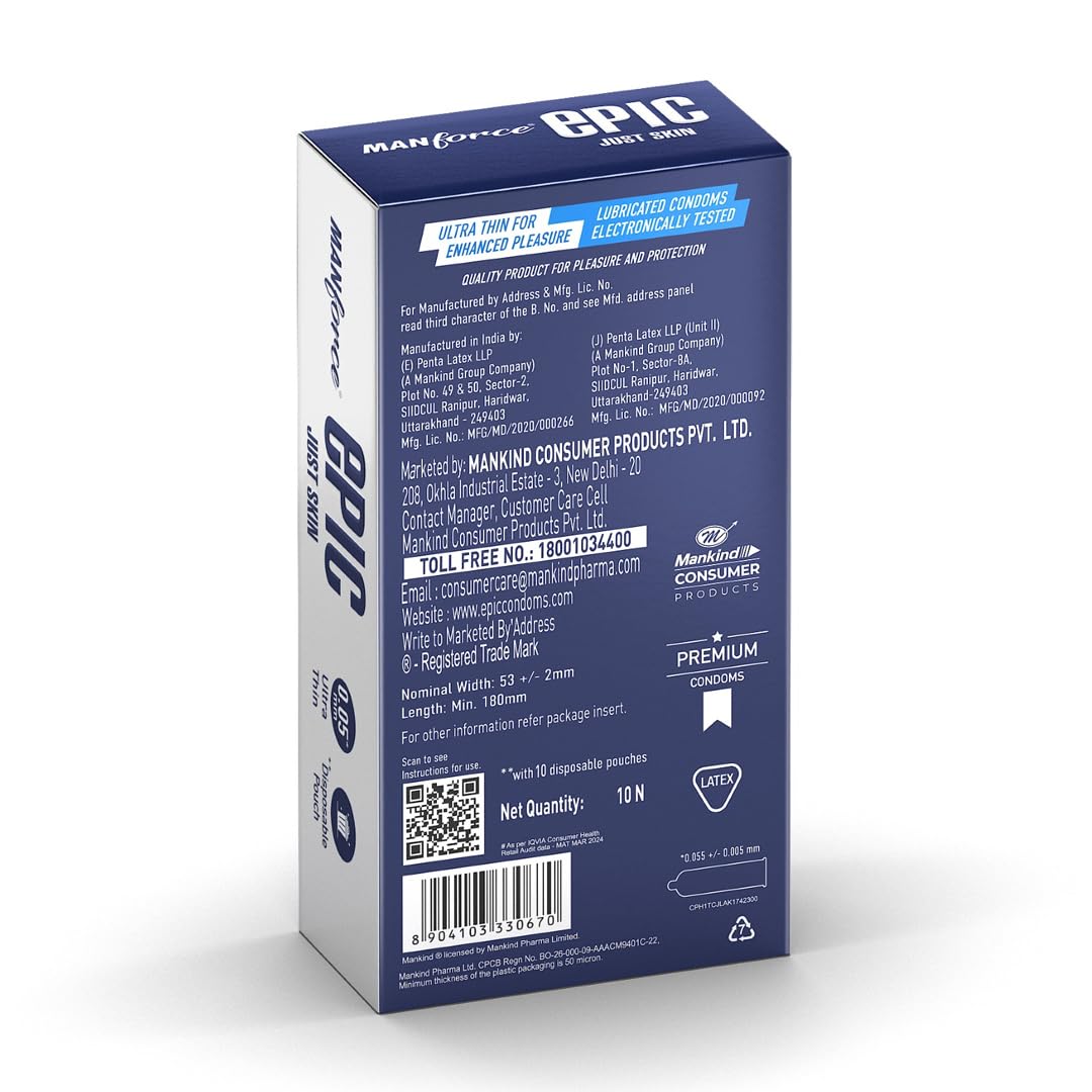 Manforce Epic Just Skin Ultra Thin Condoms – 0.05mm, Natural Feel, 10 Sheets