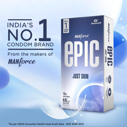 Manforce Epic Just Skin Ultra Thin Condoms – 0.05mm, Natural Feel, 10 Sheets