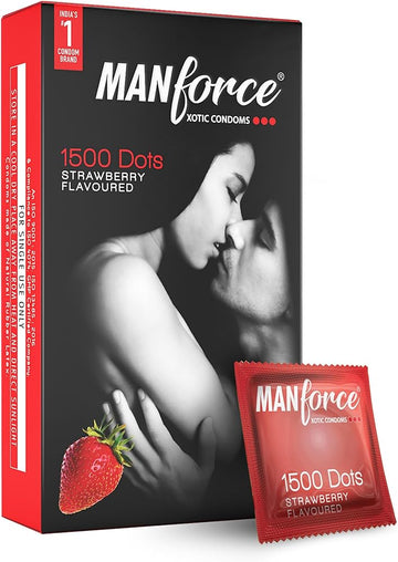 MANFORCE xotic condoms 1500 dots (Strawberry FLAVOURED) (1 Box of 10pcs) (PACK OF 3)
