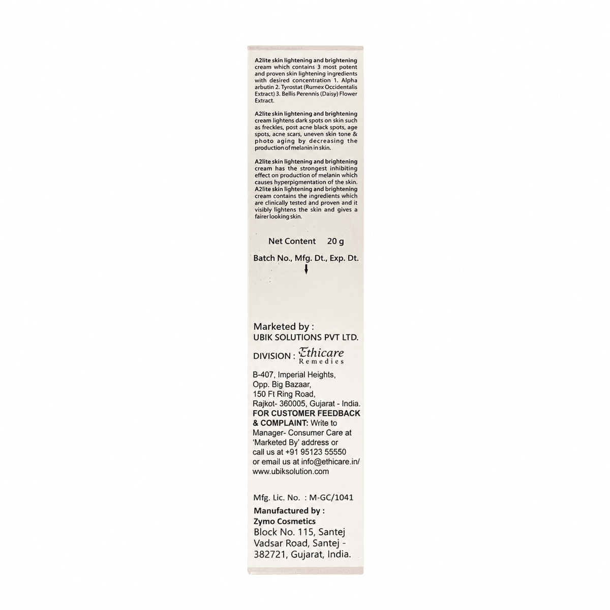 A2 Lite Skin Lightening & Brightening Cream 20gm