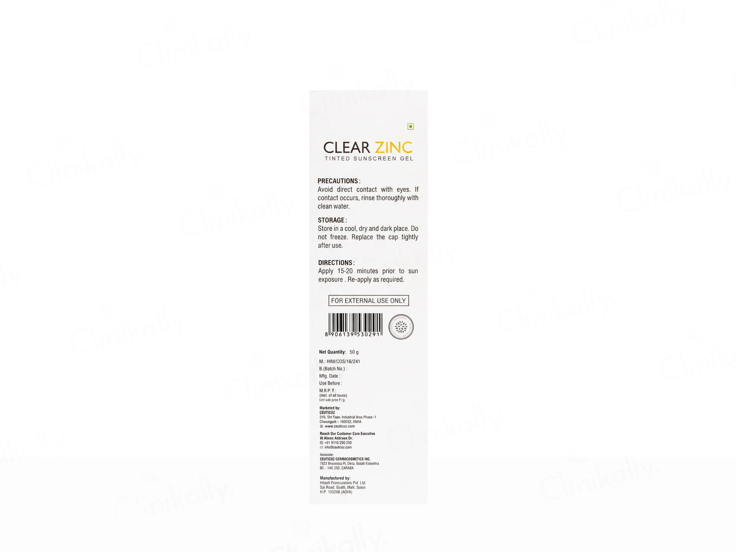 Ceuticoz Clear Zinc Tinted Sunscreen Gel SPF 50 PA++++ (Ivory), 50gm