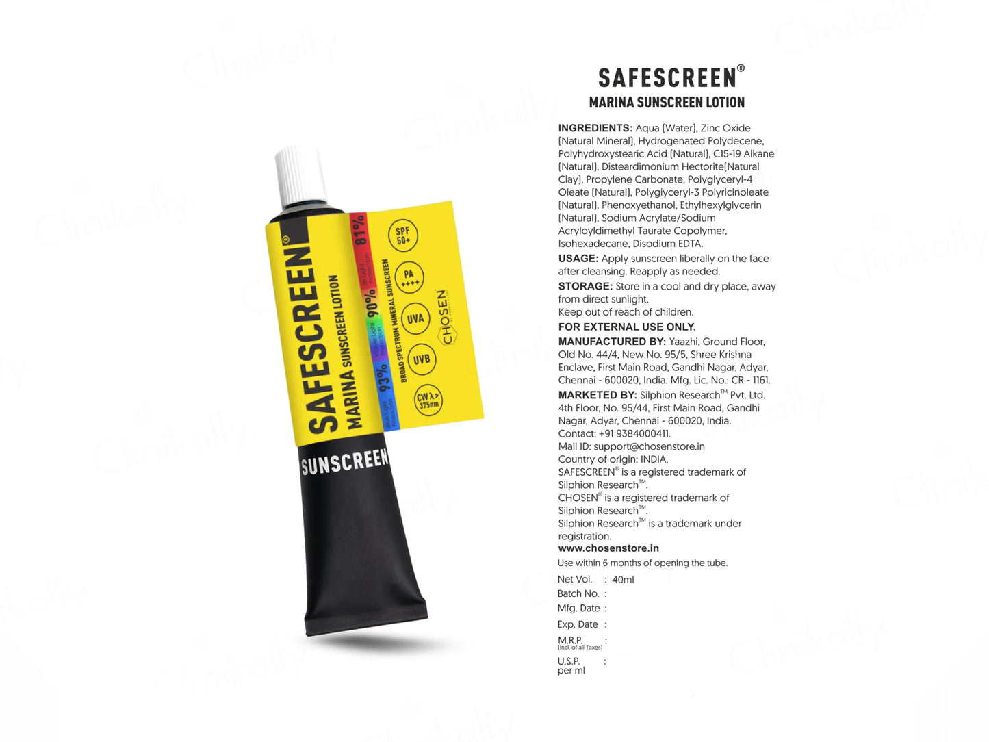 Chosen Safescreen Marina Mineral Sunscreen Lotion SPF 50+ PA++++ 40ml