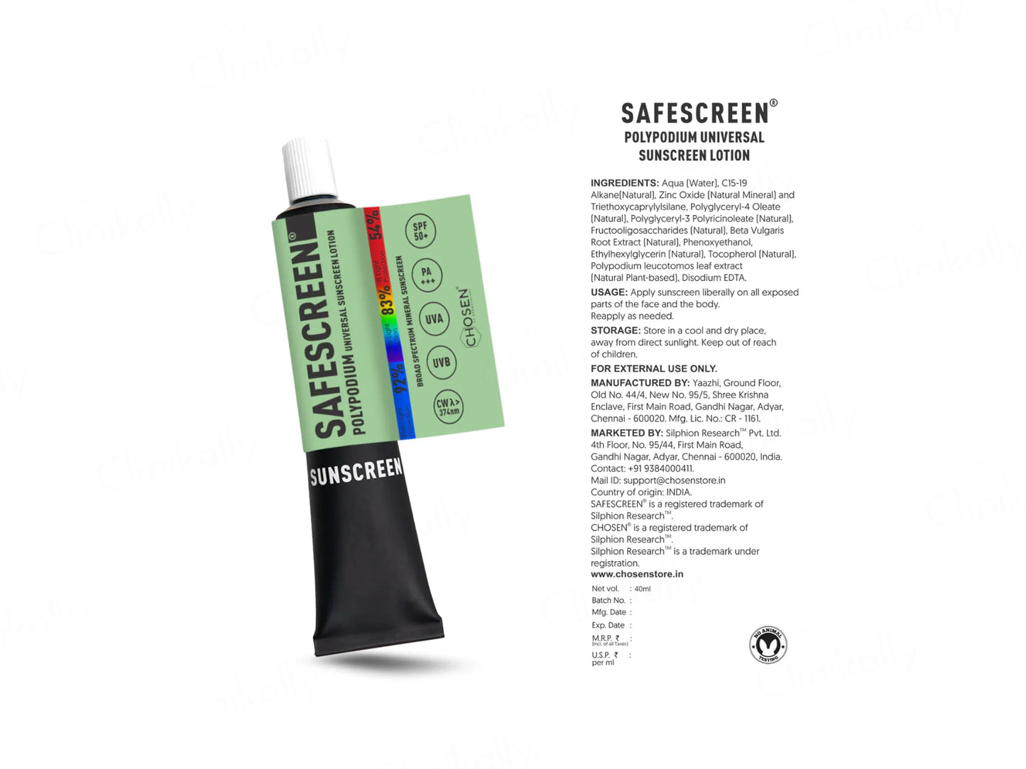 Chosen Safescreen Polypodium Universal Mineral Sunscreen Lotion SPF 50+ PA+++ 40ml