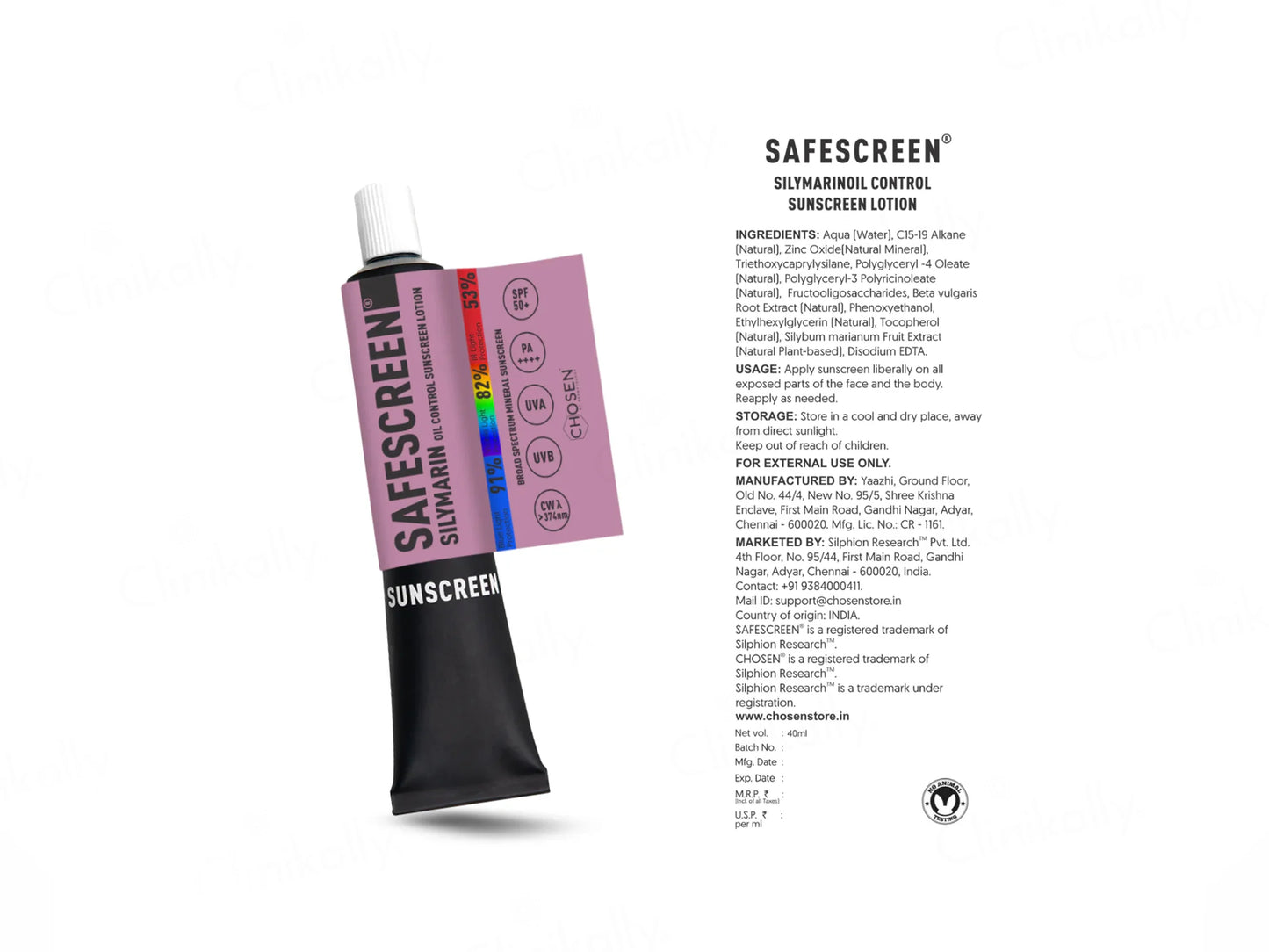 Chosen Safescreen Silymarin Oil Control Mineral Sunscreen Lotion SPF 50+ PA++++ 40ml