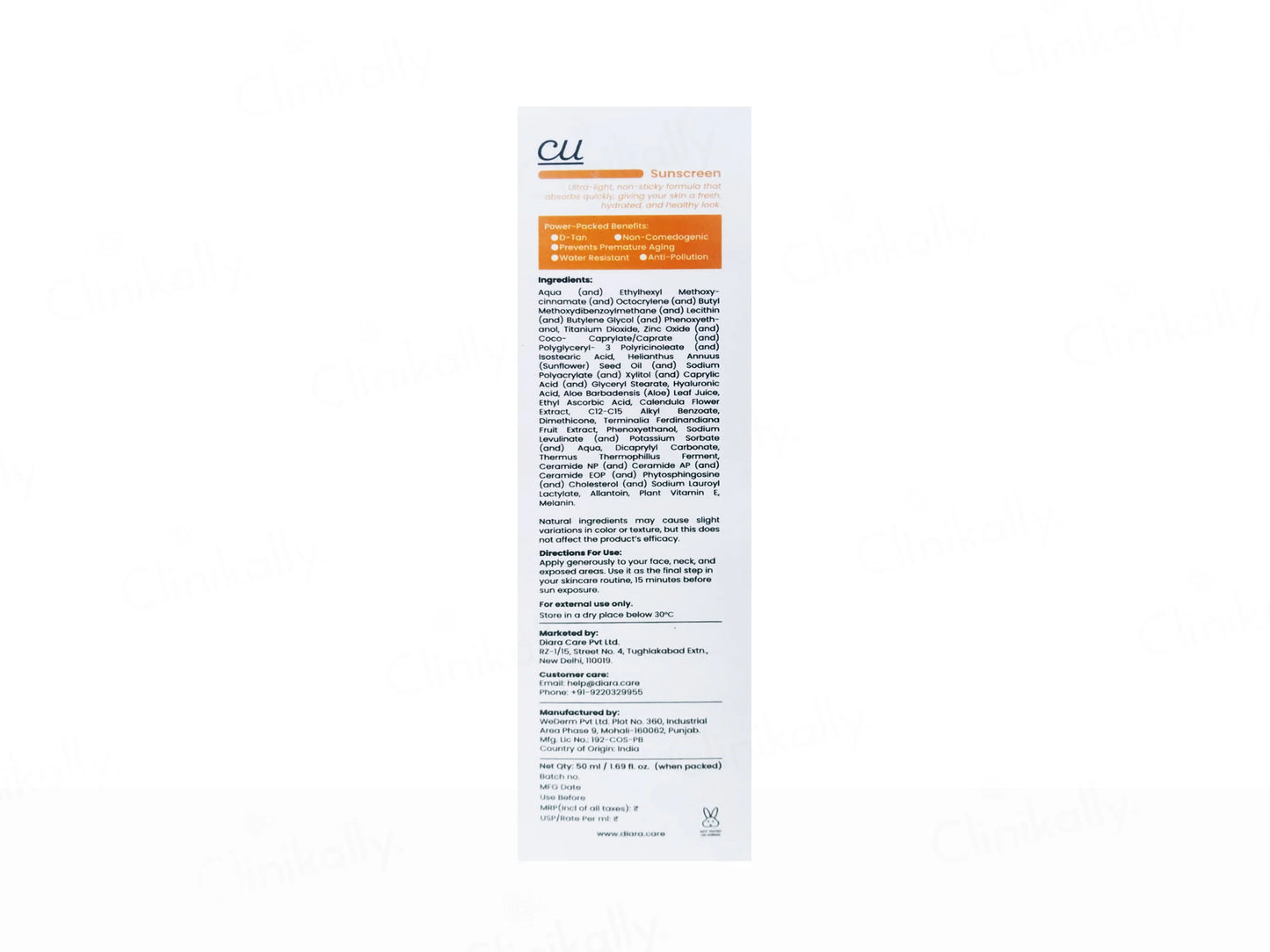 Diara CU Aqua Anti-Tan Ultra-Light Sunscreen SPF 50 PA++++ 50ml
