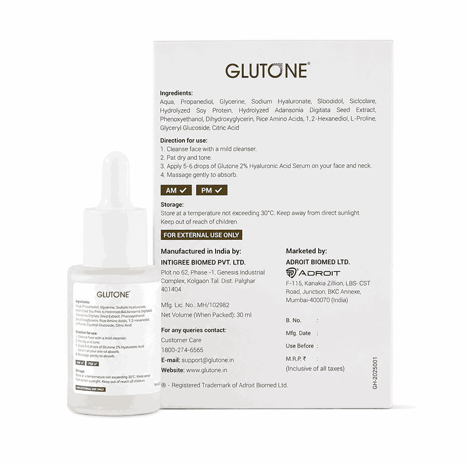 Glutone 2% Hyaluronic Acid plus vegan collagen peptides Serum, 30ml