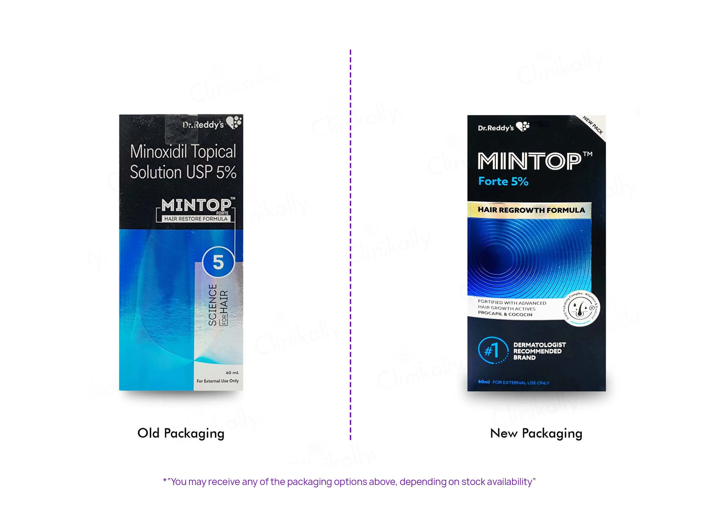 Mintop Forte 5% Solution old and new packaging comparison for hair regrowth support