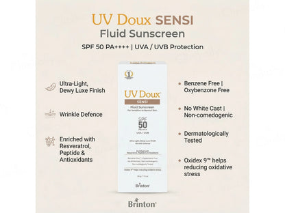 UV Doux Sensi Fluid Sunscreen SPF 50 PA++++ For Sensitive To Normal Skin, 50gm