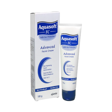 Aquasoft FC cream box and tube packaging, lightweight facial moisturizer with vitamin E for daily hydration