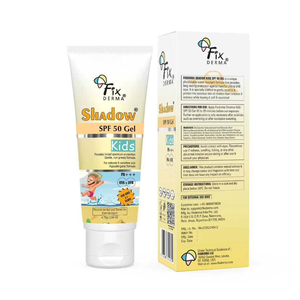 Fixderma Shadow Sunscreen SPF 50+ Gel for Kids PA+++ | Broad Spectrum Sunscreen for UVA & UVB Protection, Non-Greasy & Water Resistant - For Kids 2+ Years Age, 75gm
