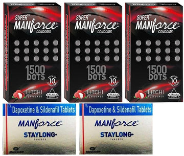 Super Manforce 1500 Dots Condom (Litchi flavoured) (10cond) (pack of 3) & STAYLONG TAB (PACK OF 2) COMBO PACK