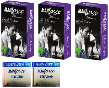 Manforce Wild Condom Black Grapes FLAVOURD(10cond) (pack of 3) & STAYLONG TAB (PACK OF 2) COMBO PACK